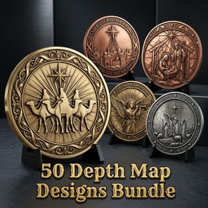 Peut inclure: Une collection de cinq médaillons métalliques circulaires présentant des reliefs complexes de scènes de nativité, d'anges et de voyageurs du désert, sur des supports noirs. Le texte 50 Depth Map Designs Bundle est imprimé en bas.
