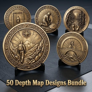 Könnte beinhalten: Fünf kreisförmige, bronzefarbene Medaillons mit detaillierten Reliefs von Figuren in Landschaften, darunter ein Wanderer, ein Ritter und eine Person, die durch eine Tür geht. Der Text 50 Depth Map Designs Bundle ist unten zu sehen.