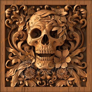 3D Illusion Laser Engraving File, Skull Flora Design for Lightburn Glowforge, HQ PNG Download