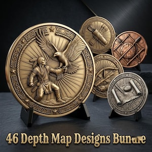 May include: A collection of five circular metallic medallions displayed on black stands. The largest medallion features a relief of a person with an eagle. Other medallions show arrows, a bow, and a map. Text at the bottom reads 46 Depth Map Designs Bundle.