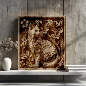 May include: A wood carving of a cat sitting in a floral design. The carving is done in a light brown wood and the cat is depicted in a realistic style.
