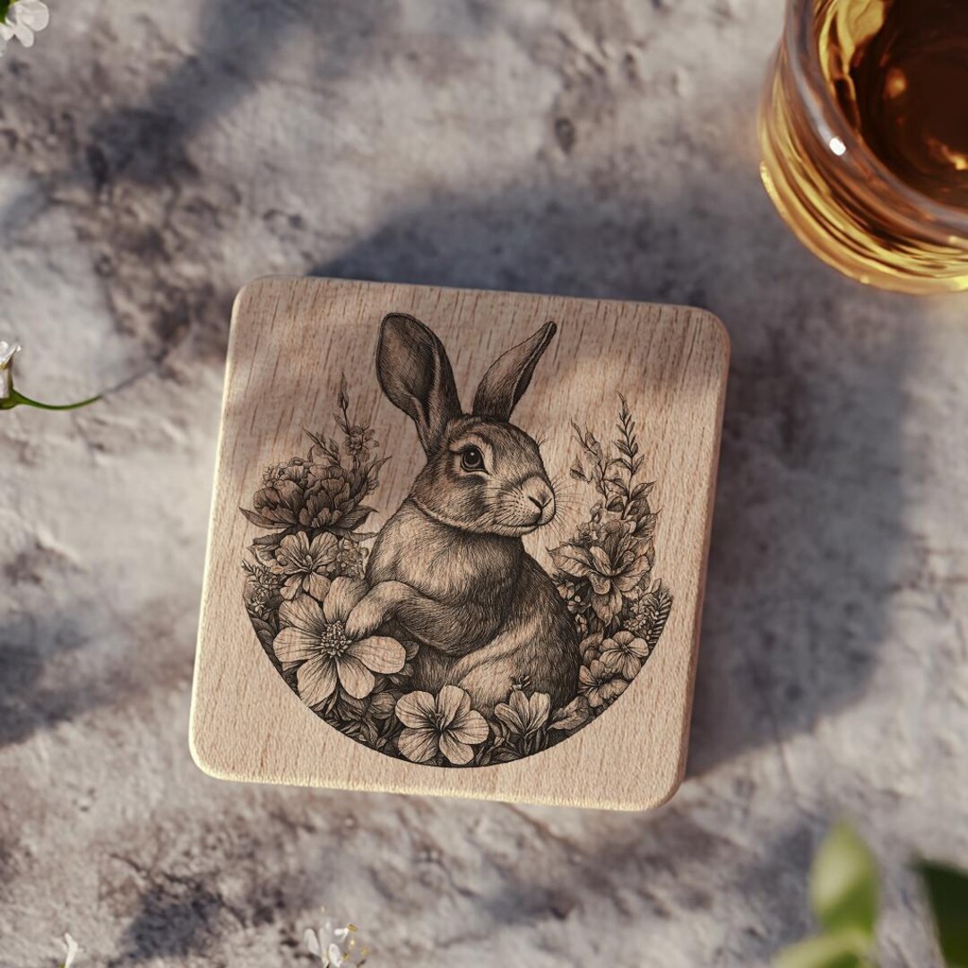 Laser Engraving File 3D Illusion Rabbit and Flower, Wood Coaster PNG ...
