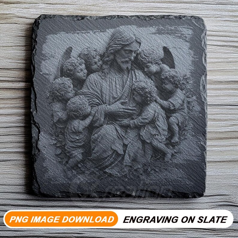 Puede incluir: Placa de pizarra grabada con una imagen en blanco y negro de Jes&uacute;s rodeado de ni&ntilde;os. La imagen es detallada y muestra a Jes&uacute;s con los brazos alrededor de los ni&ntilde;os.