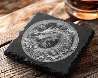 Plik do grawerowania laserowego podstawki z łupka, iluzja 3D, smok | Pobieranie obrazu PNG | Projekt dla Lightburn, Glowforge i innych grawerów #002