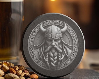 Arquivo de gravação a laser Viking para porta-copos de ardósia, design de guerreiro de ilusão 3D, decoração nórdica para casa PNG para download