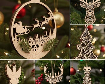 Christmas Ornament Laser Cut File, SVG Bundle of 6 Designs, Christmas Tree Decorations Set for Holiday Decor Art