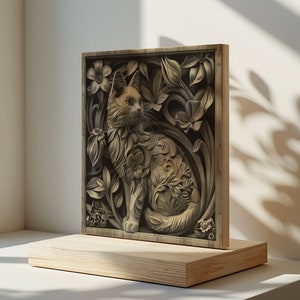 May include: A wooden wall art carving of a cat sitting in a floral design. The cat is carved in a realistic style with intricate details. The floral design is carved in a more stylized way, with leaves and flowers.