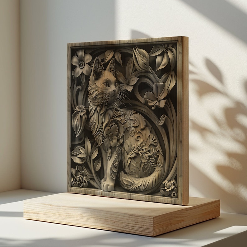 May include: A wooden wall art carving of a cat sitting in a floral design. The cat is carved in a realistic style with intricate details. The floral design is carved in a more stylized way, with leaves and flowers.