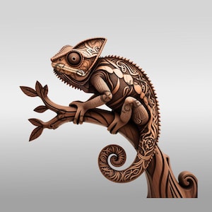 May include: A wooden chameleon sculpture with intricate carvings, perched on a branch with swirling details. The chameleon is brown and has a large, round eye.