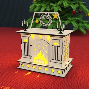 クリスマス暖炉レーザーカットファイルキャンドルホルダーランプナイトライトランタン木製デジタルダウンロードSVG、DXF、AI