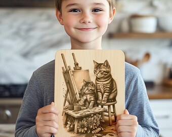 Laser Engraving File Charcuterie Board Cat Family Design, Digital Template for Wood Serving Board, Kitchen Decor Engraving