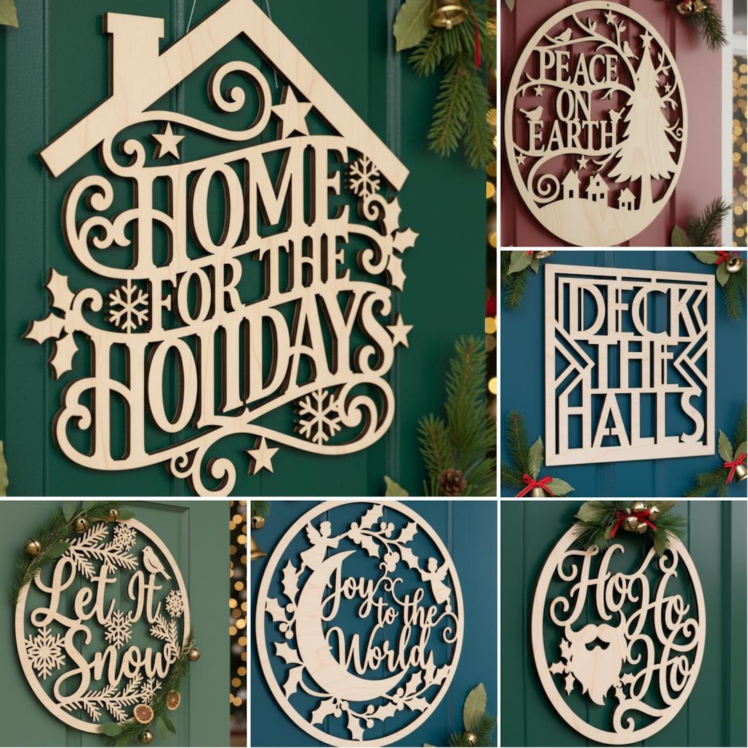 Christmas Door Hanger SVG Bundle, Round Christmas Sign Laser Cut File ...