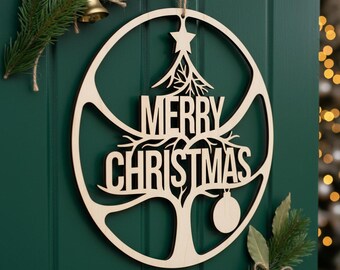 May include: A wooden Christmas wreath with the words "MERRY CHRISTMAS" cut out. The wreath has a tree design and a star at the top, and is circular. It is hanging on a green door. Festive decor.