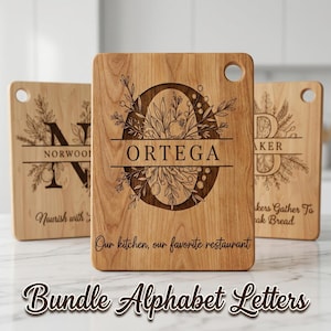 Monogram Cutting Board SVG Bundle, 52 Charcuterie Engraving Files for Family Name, Elegant Botanical Designs