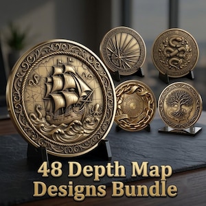 May include: A collection of five circular bronze-toned medallions displayed on black stands. The largest medallion features a sailing ship on a map with sea creatures. Other designs include a compass, a snake, a tree, and text reading 48 Depth Map Designs Bundle.