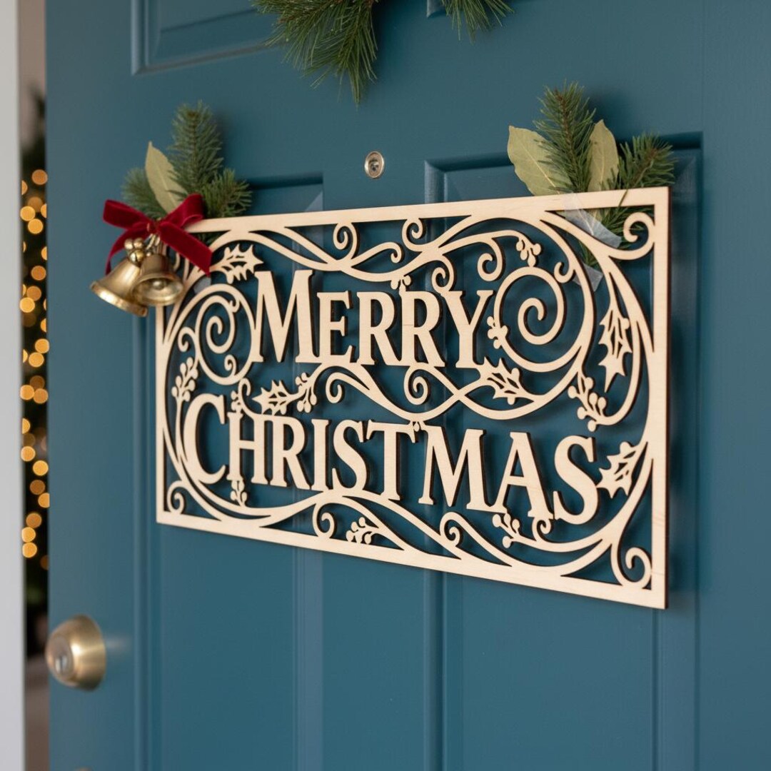 Christmas Door Hanger SVG Laser Cut File, Merry Christmas Round Sign ...