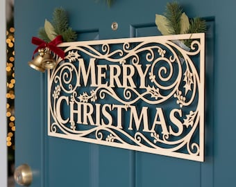 Weihnachten Türschild SVG Laser geschnitten Datei, Frohe Weihnachten Runde Schild für Haustür Dekor