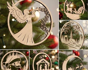 Christmas Laser Cut Ornaments SVG Bundle, Holiday Decor Designs, Laser Ornament Cut Files