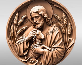 Può includere: Una scultura a rilievo circolare dettagliata, nei toni del marrone, raffigura una figura con capelli lunghi e barba che culla un agnello. Spighe di grano e accenti floreali circondano le figure centrali. L'immagine ha il testo "X CREATION" in più punti.