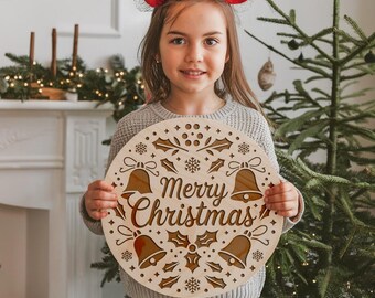 Weihnachtsschild SVG Frohe Weihnachten, runder Türschild Laser-Datei, Digital Dekor Download für Gravur AI DXF