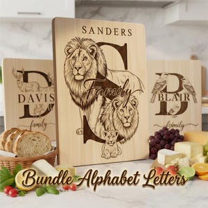 Paquete de 53 monogramas SVG con diseños de animales grabados con láser para tablas de charcutería, letreros con nombres familiares y regalos personalizados.