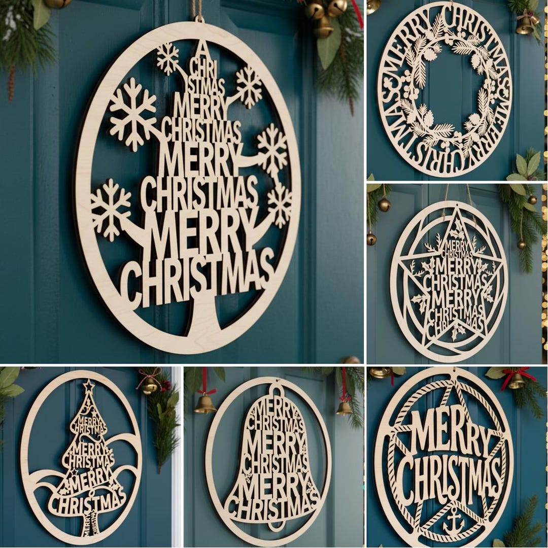 Christmas Door Hanger SVG Bundle, Merry Christmas Sign Laser Cut File ...