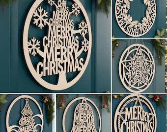 Weihnachten Türhänger SVG Bundle, Frohe Weihnachten Zeichen Laser Cut Datei, 6 Urlaub Designs für runde Holzschilder