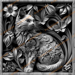 May include: A black and white 3D carved wooden sculpture of a cat sitting in a garden with flowers. The cat is intricately detailed with floral patterns and the background is a stylized floral design.