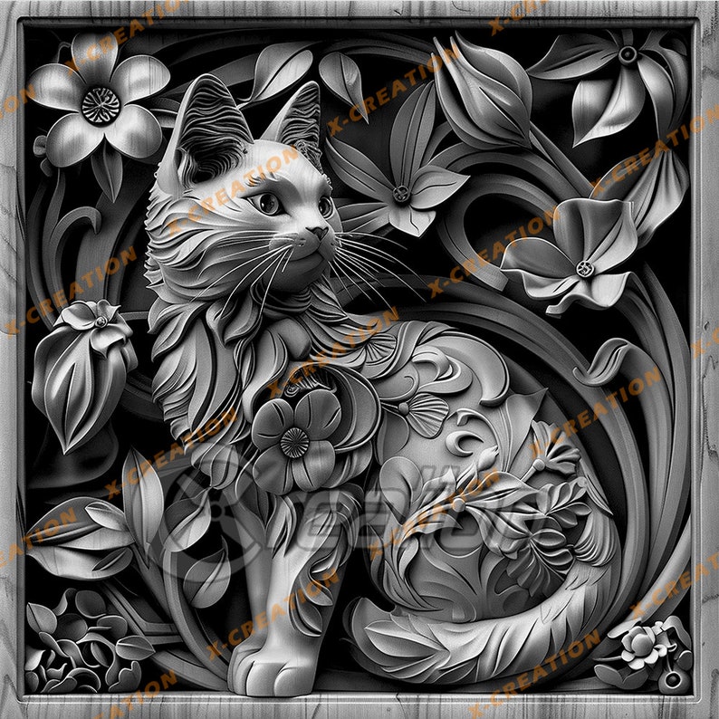 May include: A black and white 3D carved wooden sculpture of a cat sitting in a garden with flowers. The cat is intricately detailed with floral patterns and the background is a stylized floral design.