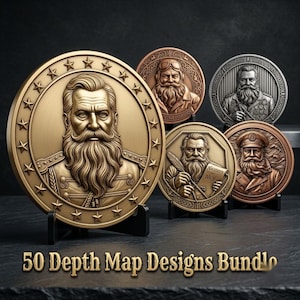 May include: A collection of five circular metallic medallions featuring relief portraits of bearded figures in various uniforms, including one holding a scroll labelled Naughty Nice. The text 50 Depth Map Designs Bundle is displayed below.
