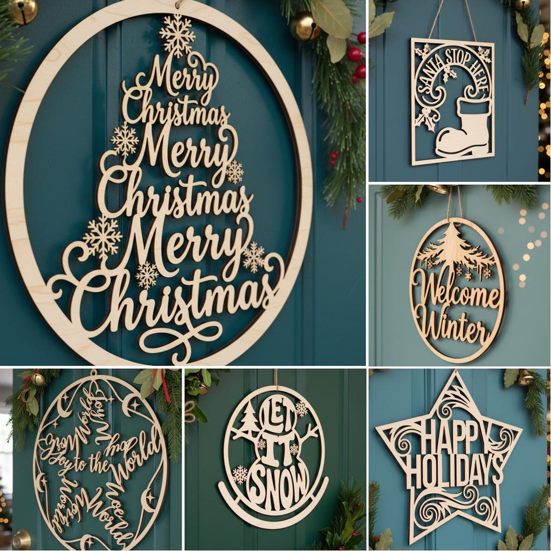 Christmas Door Hanger SVG, Round Christmas Sign Laser Cut File Bundle ...