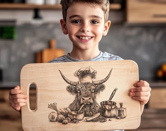 Charcuterie Board Laser Engraving File, Highland Cow Chef | PNG Image Download | Kitchen Decor, Cutting Board, Chopping Board #002