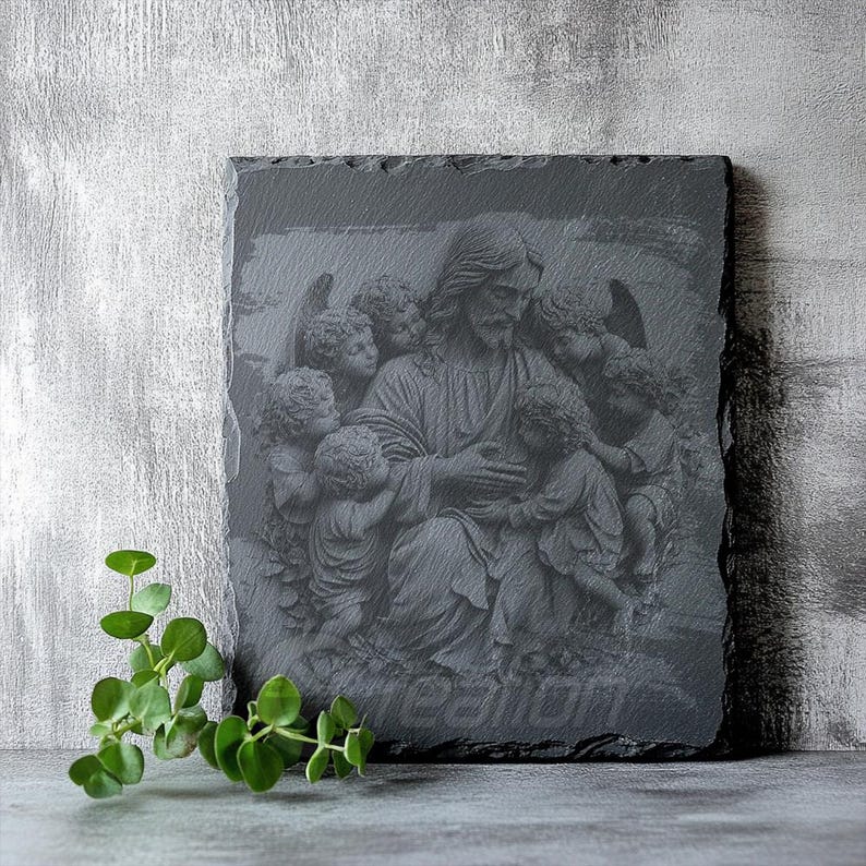 Archivo de grabado láser con ilusión 3D: Jesús bendiciendo a los niños (pizarra PNG) imagen 3