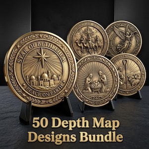 May include: A collection of four circular bronze-toned medallions featuring intricate relief carvings of nativity scenes, including the Star of Bethlehem, the Three Wise Men, an angel, and a shepherd with sheep, displayed on small black stands.