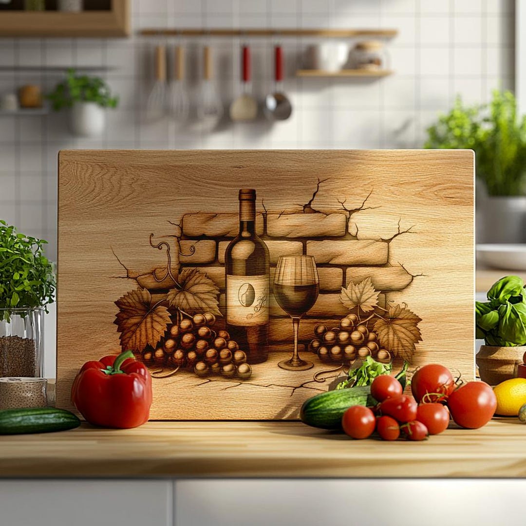 Charcuterie Board Engraving Design, Retro Wine Bottle Art, Brick Wall ...