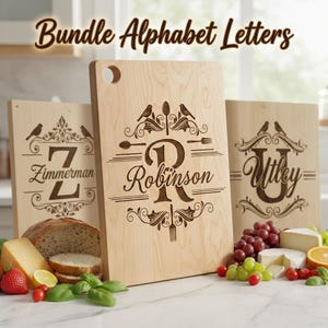 Monogram SVG Cutting Board File, 52 Vintage Charcuterie Engraving Designs for Family Name