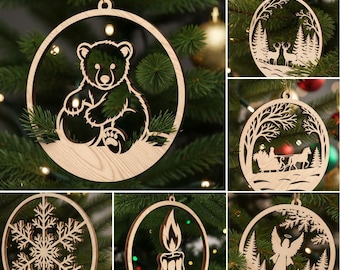 Christmas Ornaments SVG Bundle 8 Laser Cut Files for Holiday Decor Xmas Tree Designs