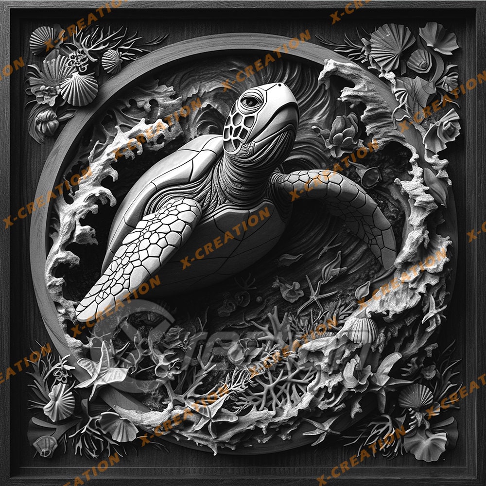 3D Illusion Turtle PNG, High Resolution Engraving File for