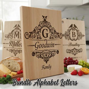 Vintage Monogram SVG Bundle, Charcuterie Cutting Board Engraving File, Family Name Alphabet Designs