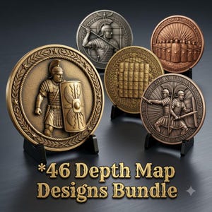 May include: A collection of five circular medallions featuring Roman military motifs, including soldiers with shields and armor, displayed on black stands. The text 46 Depth Map Designs Bundle is printed in gold lettering at the bottom of the image.