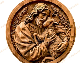 Può includere: Un rilievo in legno circolare raffigurante una figura con barba e capelli lunghi che tiene un agnello. L'opera d'arte presenta spighe di grano e altri dettagli scolpiti attorno alle figure centrali. L'intaglio è nei toni del marrone.