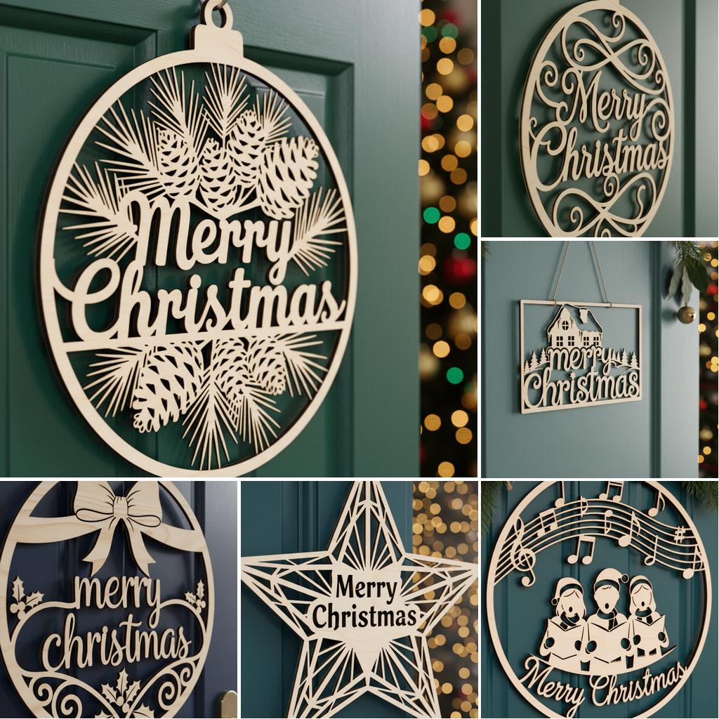 Christmas Door Hanger SVG Bundle 6 Laser Cut Files Round Christmas Sign ...