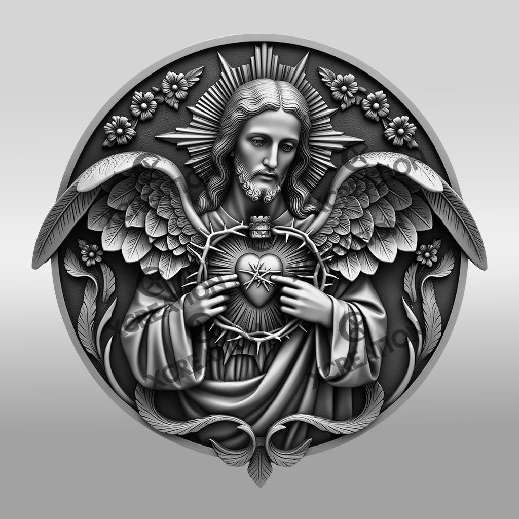 Jesus 3D Illusion Laser Engraving File, Sacred Heart Angel Wings
