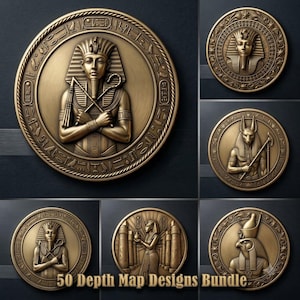 Könnte beinhalten: Eine Sammlung von sechs kreisförmigen, bronzefarbenen Medaillons mit geprägten ägyptischen Motiven, darunter Pharaonen, Gottheiten wie Anubis und Horus sowie hieroglyphische Ränder. Der Text 50 Depth Map Designs Bundle ist unten zu sehen.