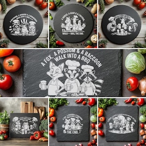 May include: A set of six black slate serving trays with humorous animal illustrations and text. Each tray features a different group of animals, such as a raccoon, badger, and hedgehog, or a horse, goat, and chicken. The text on each tray reads "Walk into a BBQ" and includes a humorous tagline.