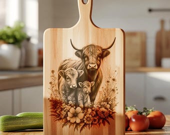 Highland Cow Laser Engraving File, Charcuterie Board and Wildflowers Design, Engraved Kitchen Decor for Chopping Boards