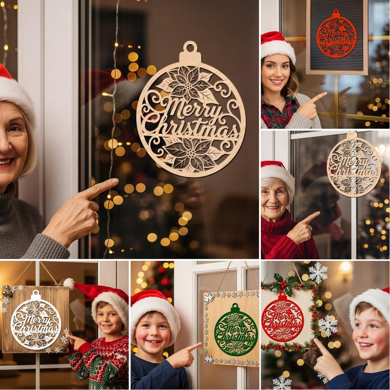 Christmas Door Hanger SVG Bundle, 6 Laser Cut Files for Round Christmas Signs, Glowforge Designs image 6