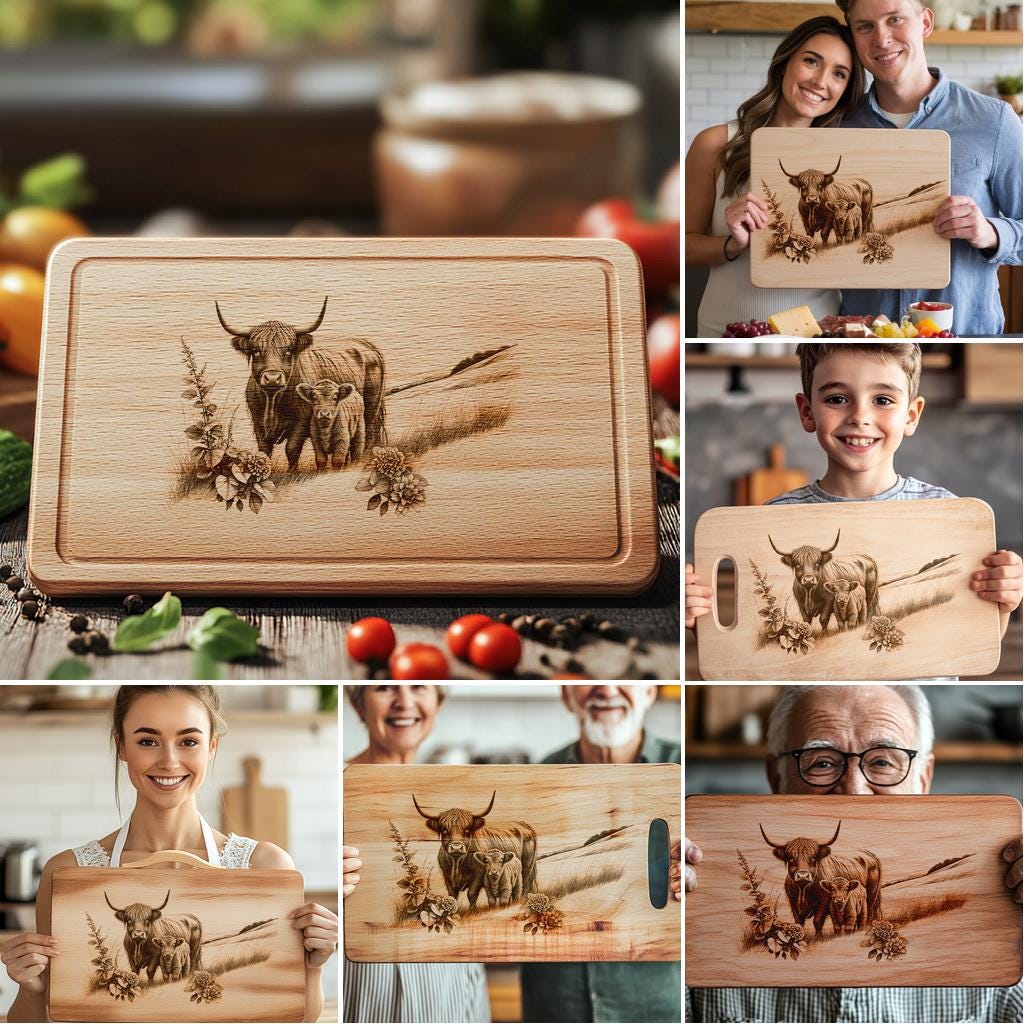 Highland Cow Family Charcuterie Board Laser Engraving Bundle, 6 Unique ...