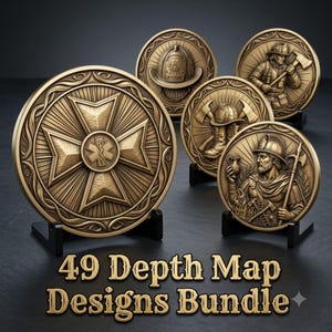 May include: A collection of four circular bronze-toned medallions displayed on black stands, featuring embossed designs including a Maltese cross with a medical symbol, a firefighter helmet, a firefighter with an axe, and a historical figure.