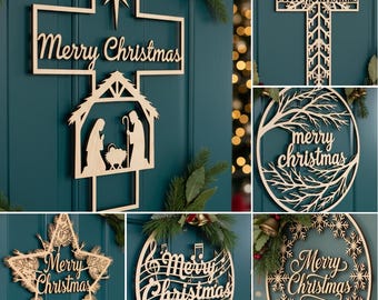 May include: A collection of wooden Christmas decorations, including a cross, star, and wreath, each with the words "Merry Christmas" cut out. The decorations are made of light-colored wood and are adorned with festive greenery and bells.